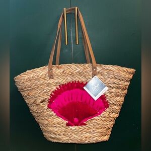 NWT Echo Pink Embroidered Shell straw Woven Tote Bag